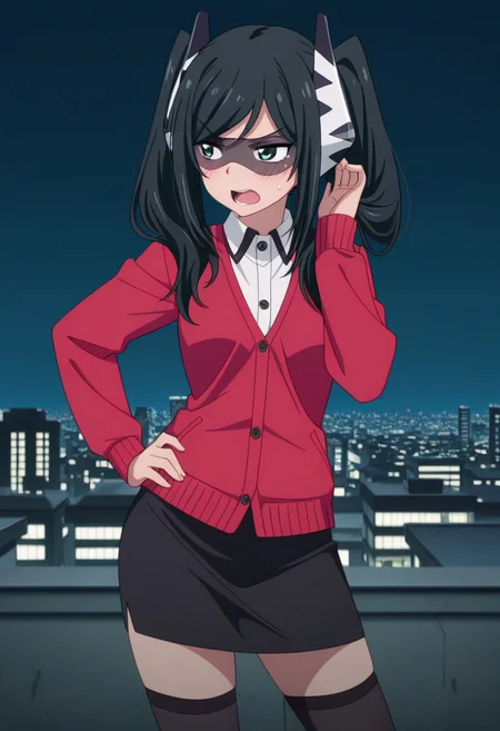 masterpiece,perfect quality,best quality,absolutely eye-catching,absurdres,highres,newest,anime coloring, anime screencap,(1girl,solo),PiltzHero, black hair, long hair, twintails, green eyes, mask, green eyes, red cardigan, white shirt, collared shirt, long sleeves, black skirt, pencil skirt, black thighhighs, hand to hair, playing with hair, hand on hip, contrapposto, v-shaped eyebrows, open mouth, blush, sweatdrop, looking at away, city, skyline, night, tokyo, rooftop,