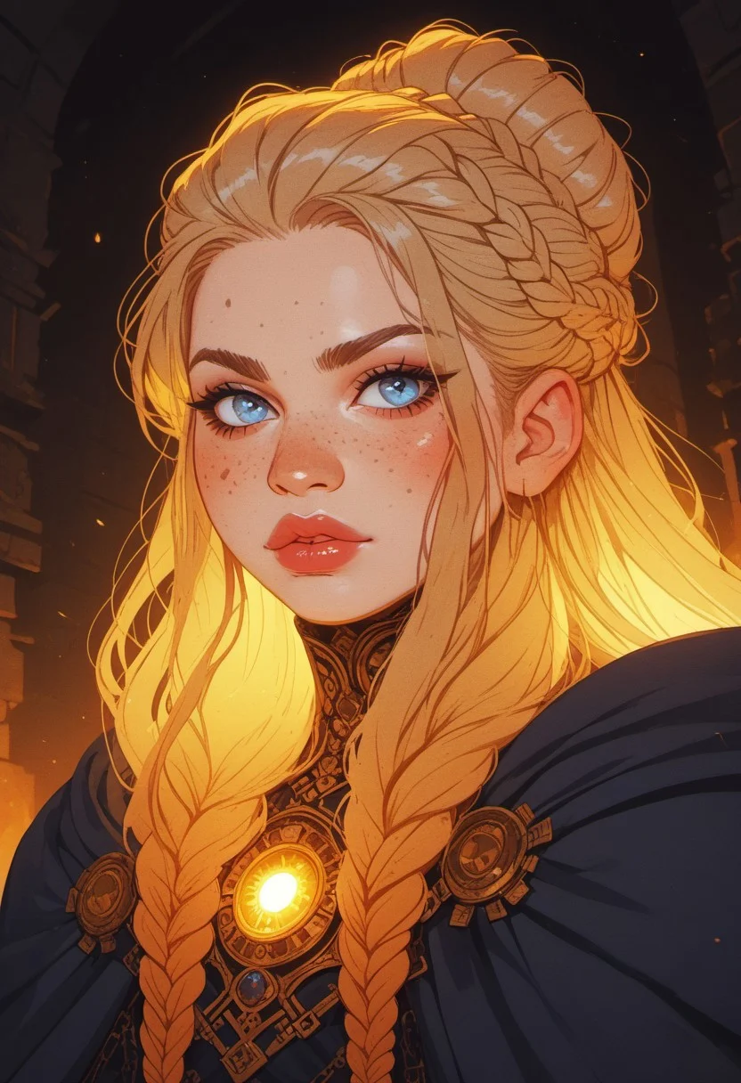 score_9, score_8_up, score_8, ((full-body portrait)), perfecteyes, ultra detailed, high resolution, high quality, masterpiece, intricate details, intricate body, intricate landscape, knva, Expressiveh, upper body shot, low light, dungeon, ruins, glow, dark-red glow background, face focus,
BREAK
dwarf, freckles, blue eyes, big lips, light blonde hair, big braided hair bun, muscles, shortstack, silk robes, mantel, cape, royal garments