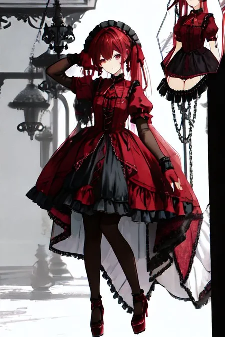 crimson_color dress, embroidery, jewelery, gown, frills, gloves/elbow gloves, high heels/shoes, pantyhose/thighhighs