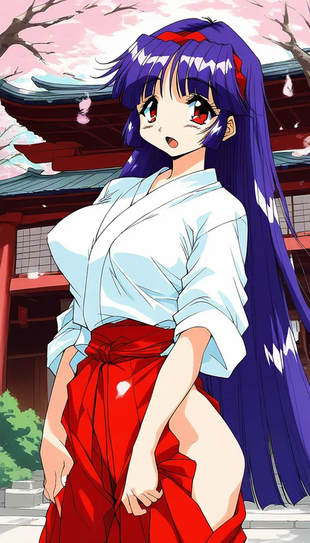 score_9, score_8_up, score_7_up, source_anime, rating_explicit, BREAK <lora:Shiraishi_Yumiko_Ver2.0_XL:1> ShiraishiYumiko, long hair, red eyes, red hairband, purple hair, large breasts, blunt bangs, solo,
japanese white clothes, miko, red hakama, shrine, cherry blossom, open mouth,
