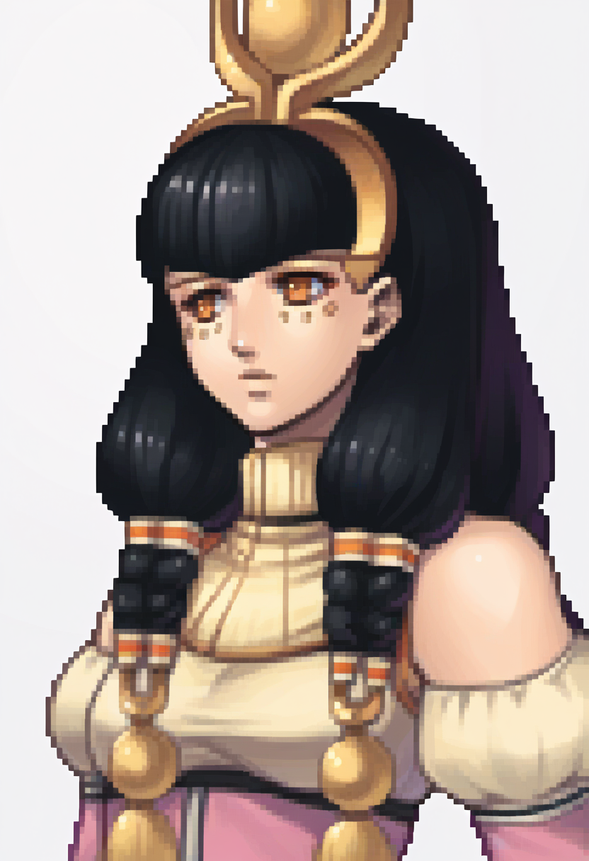 score_9, score_8_up, score_7_up, source_anime BREAK 1girl, solo,
<lora:zs_FEDSPortraitsXL:1> fedsportraits, portrait, white background
 <lora:hathor-smt-richy-v1_pdxl:1> hathor, orange eyes, black hair, twin braids, long hair, blunt bangs, facial mark, makeup, headgear, detached sleeves, black gloves, breasts, pink dress
