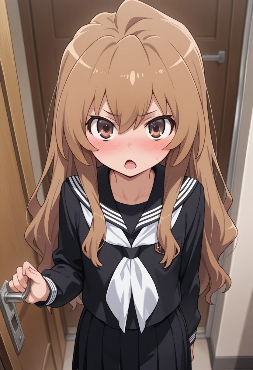 masterpiece,best quality,amazing quality, aisaka taiga, brown hair, long hair, brown eyes, 1girl, school uniform, solo, serafuku, black serafuku, looking at viewer, blush, door, white neckerchief, sailor collar, open mouth, neckerchief