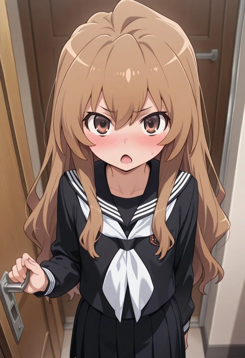 masterpiece,best quality,amazing quality, aisaka taiga, brown hair, long hair, brown eyes, 1girl, school uniform, solo, serafuku, black serafuku, looking at viewer, blush, door, white neckerchief, sailor collar, open mouth, neckerchief