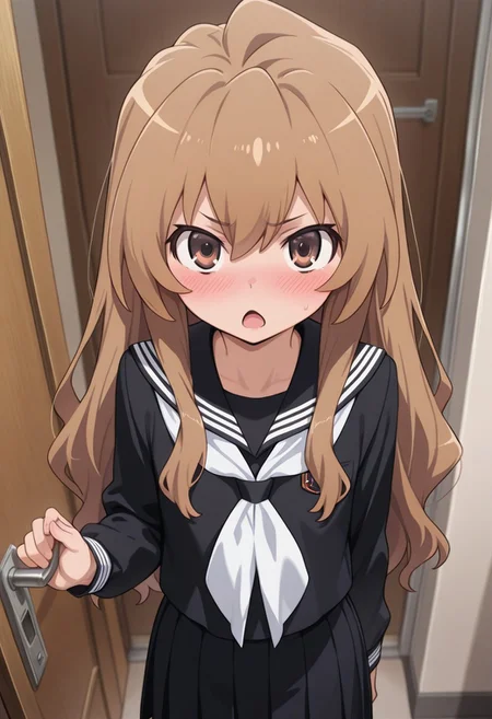 masterpiece,best quality,amazing quality, aisaka taiga, brown hair, long hair, brown eyes, 1girl, school uniform, solo, serafuku, black serafuku, looking at viewer, blush, door, white neckerchief, sailor collar, open mouth, neckerchief