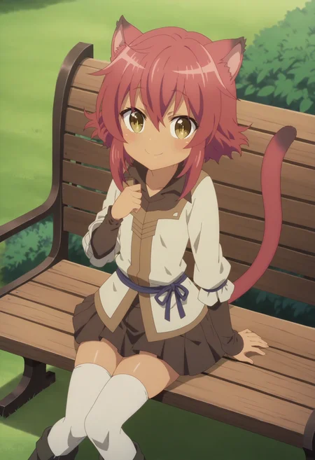 score_9, score_8_up, score_7_up, score_6_up, score_5_up, score_4_up , anime coloring ,BREAK source_anime, anime,screencap,
1girl, solo, choujinroux, layered sleeves, shirt, cat girl, skirt, white thighhighs, boots, <lora:PonyXL Choujin Roux V1:1>
outdoors, park, (sunny day), sitting on bench,
smile, looking at viewer,