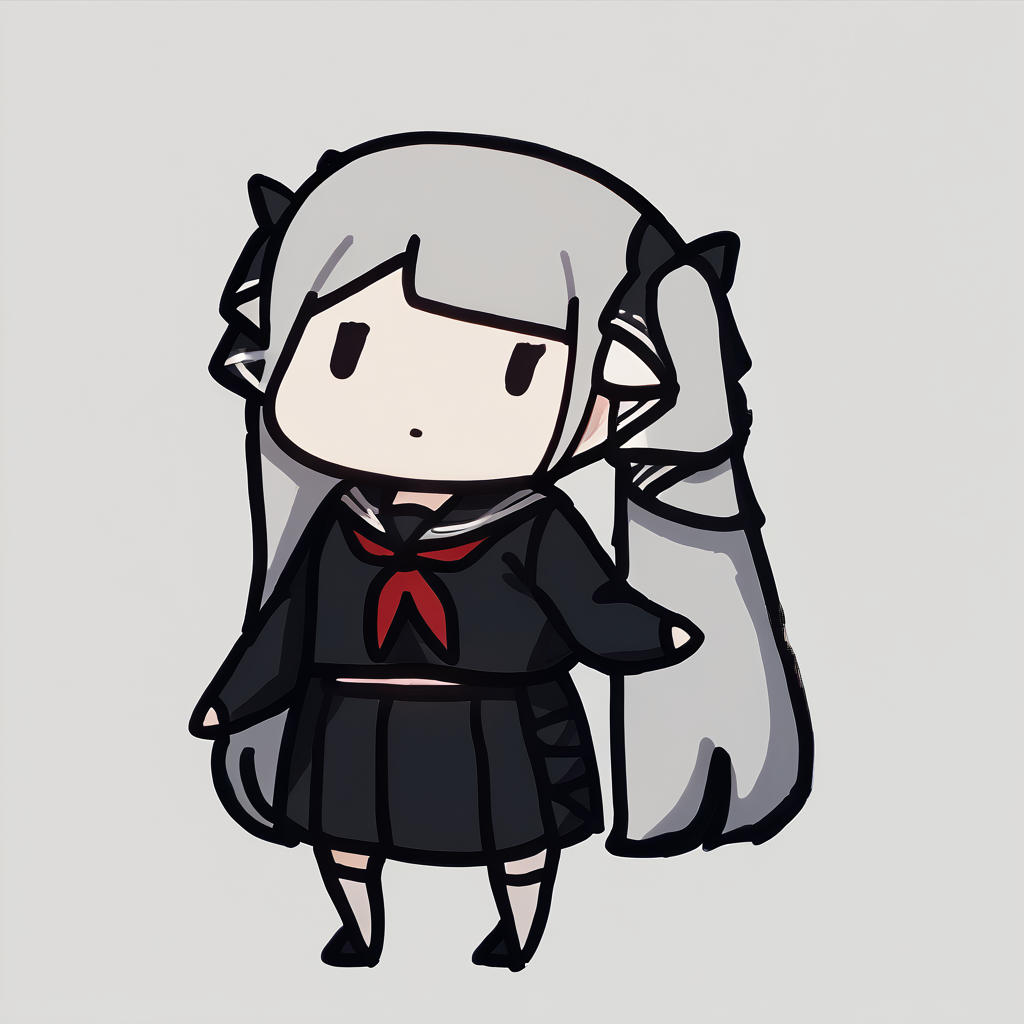 score_9, score_7_up, <break> chibi, simple background, white background, full body, solo, 1girl, formidableschool, expressionless, standing, grey hair, twintails, hair ribbon, two-tone ribbon, black eyes, dot eyes, school uniform, black serafuku, black shirt, crop top overhang, black sailor collar, red neckerchief, long sleeves, black skirt, pleated skirt, white thighhighs