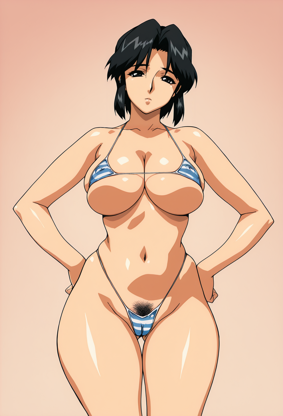 masterpiece, best quality,
1girl, solo,
standing, hands on own hips, looking at viewer, black hair, short hair, black eyes, mature female, large breasts, wide hips, female pubic hair, cameltoe, skindentation, bikini, micro bikini, striped bikini,
 <lora:masami_oba:1> M4s4m1 0b4r1, retro artstyle,