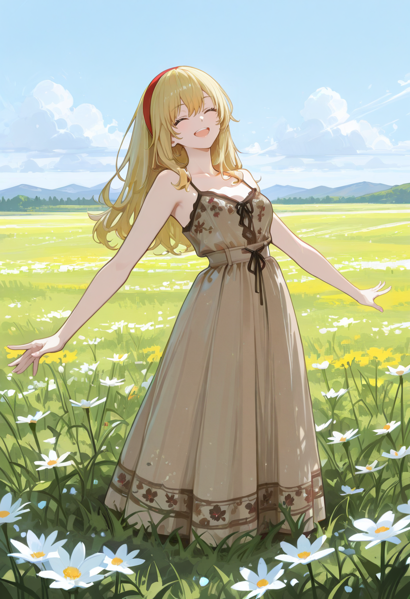 1girl, solo, anime coloring, anime artwork, unholy-aesthetic, masterpiece, best quality, newest, absurdres, highres, safe, CG, cinematic lighting, natural shadow, highest detail, detailed background, intricate scenery, depth of field, insane details, intricate, subsurface scattering, very aesthetic, serene atmosphere, artistic rendering, dramatic contrast, luminous elements, soft painterly texture, striking visual design, finely detailed face, beautiful face, CG, anime, source anime, illustration, high resolution, ultra-detailed, rule of thirds, masterpiece-level,
safe, sfw, intricate scenery, (looking at viewer:1.5),
day, blue sky, clouds,
flower field,
spread arms,
<lora:kaelaIL:0.45> kaelaIL, long hair, medium breasts, (blonde hair:1.5), red headband, happy smile, open mouth, closed eyes,
<lora:Mocha_Petal_Dress:1> Mocha_Petal_Dress, dress, bare shoulders, sleeveless, bare arms, floral print, spaghetti strap, brown dress, long dress,
<lora:add-detail-xl:1>,
<lora:748cm_illu:0.85> 7481llu,
<lora:USNR_STYLE_ILL_V1_lokr3:0.85> usnr