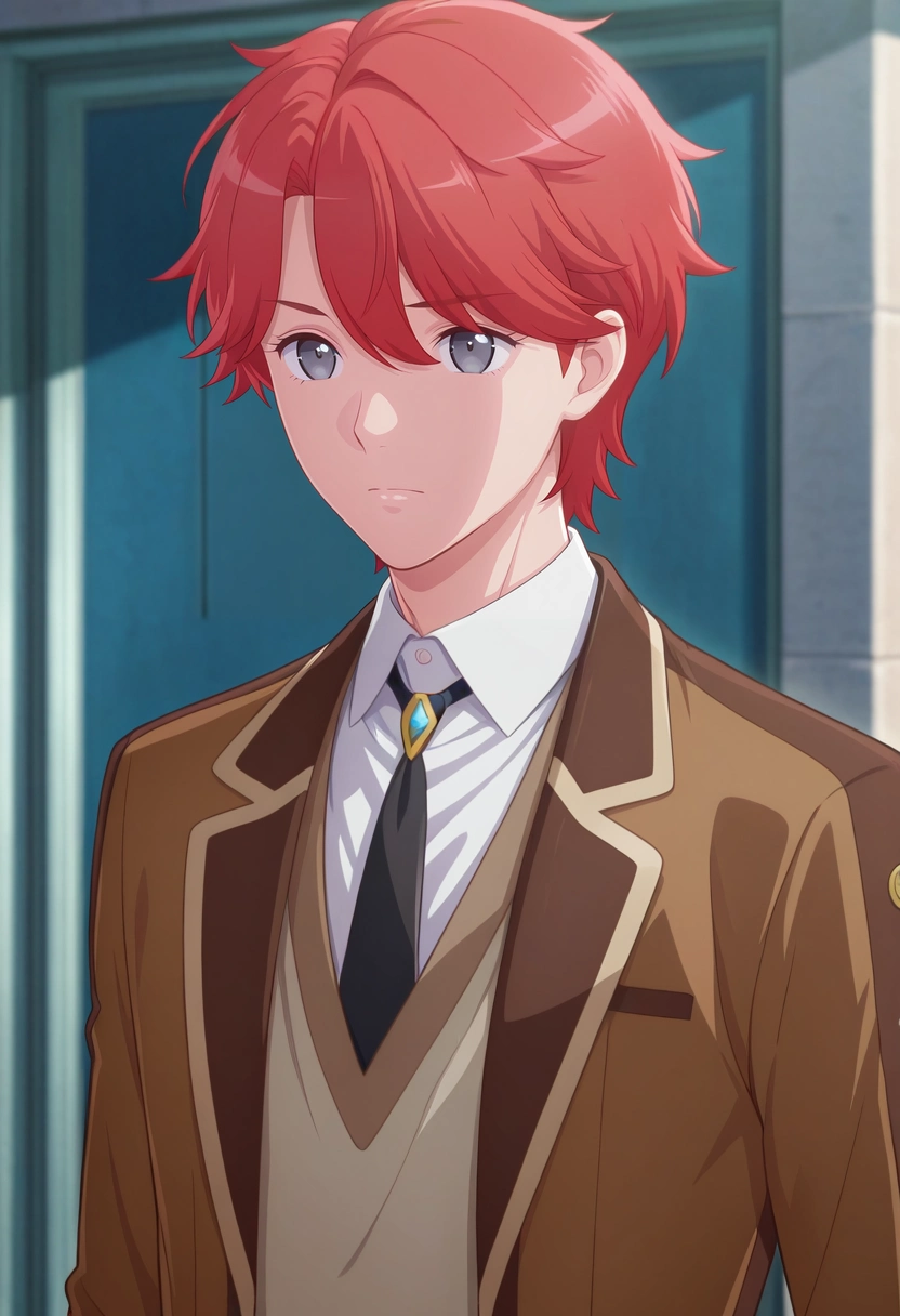 masterpiece, best quality, , semi-realistic,, 1boy, solo, male focus, <lora:sirius_dieke_ilxl:0.98>, sirius_dieke, red hair, grey eyes, short hair, brown jacket, black necktie, school uniform, white shirt, collared shirt,