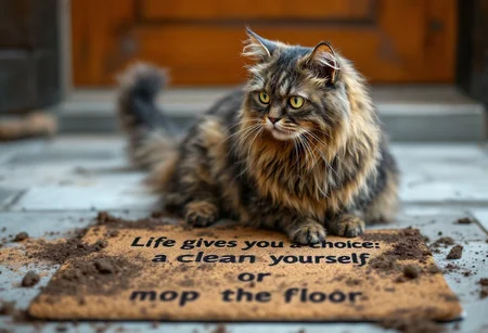 a very dirty, soil-stained shaggy cat is surprised to read the inscription on the new doormat, text: “life gives you a choice: clean yourself or mop the floor.”