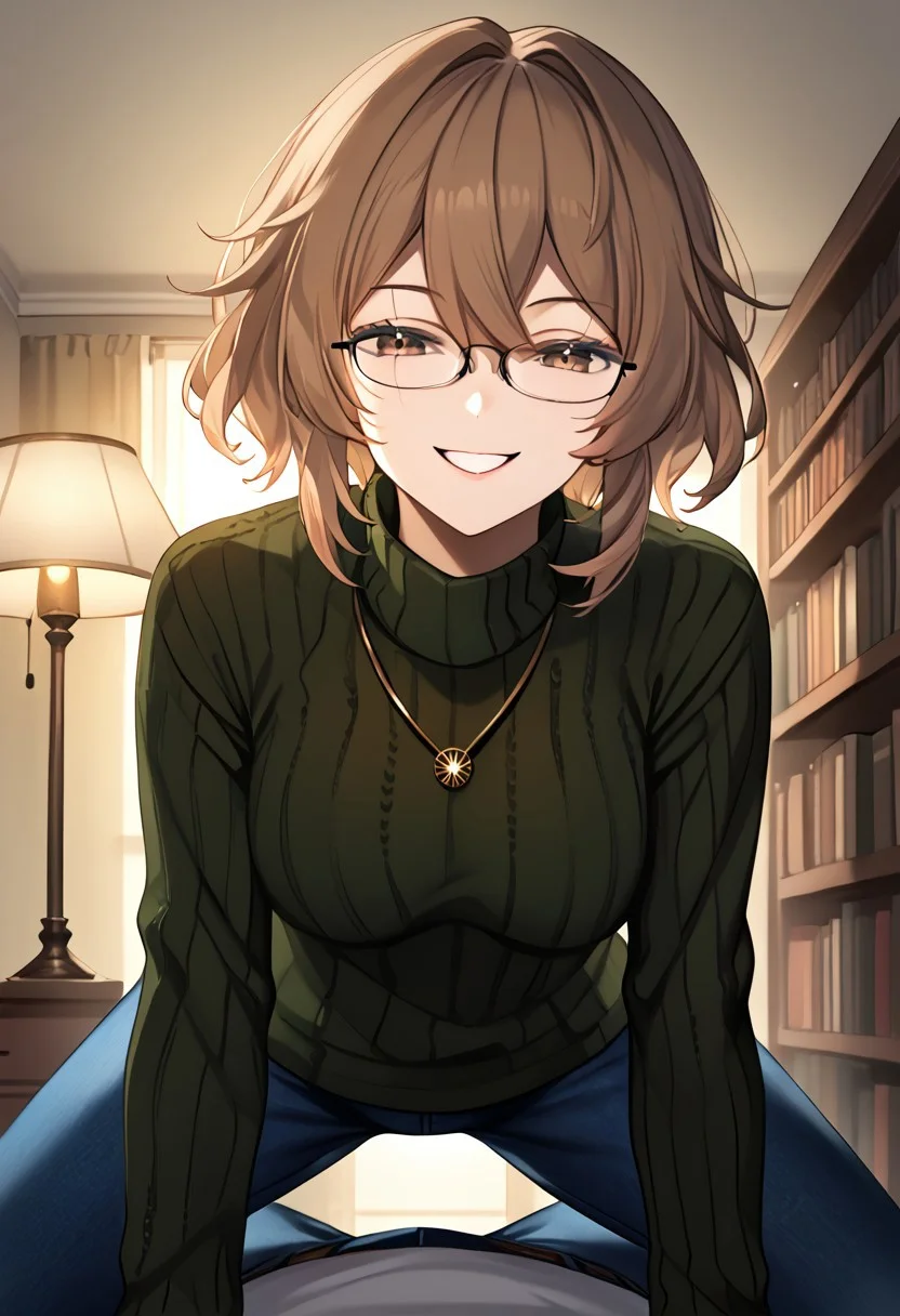 1girl, solo, highres, ClioAite, brown eyes, glasses, short hair, bangs, hair between eyes, black-framed eyewear, jewelry, necklace,
long sleeves, turtleneck sweater, green sweater, ribbed sweater, jeans,
light smile, half-closed eyes, naughty face, girl on top, pov, cowgirl position, leaning forward,
indoor, library, fluorescent lamp, bookshelf, backlighting, silhouette,