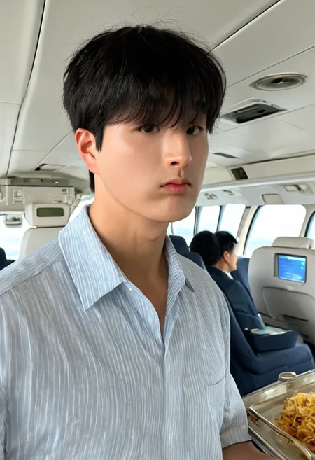 <lora:AsianGuy:1>, AsianGuy, (nodaeng:1.5), masterpiece, ultra-HD, cinematic lighting, photorealistic, (impressionism:1.5), high detail, depth of field, (blurred background), (dramatic lighting),masterpiece, best quality, very aesthetic,8k,masterpiece, best quality, realistic, masterpiece, best quality, 8k,
, simple_background, short hair, asian boy, handsome man, korean man, extacy on face,, score_9, score_8_up,score_7_up, score_6_up, ultra realistic, ultra realistic, 64K, japanese handsome,asian man, In the luxurious first-class cabin of an airplane, a 40-year-old tall, broad-shouldered, muscular man with a large chest, thick arms, and a strong physique is seated comfortably in one of the plush seats, wearing a silky short-sleeve shirt. Standing beside him is a 24-year-old muscular, handsome male flight attendant, holding a tray with a cocktail on it, offering the drink to the passenger. ((Both the passenger and the flight attendant are looking at each other)), exchanging a subtle yet engaging glance. The first-class cabin features elegant decor, plush seating, soft lighting, and refined details, creating an upscale and sophisticated atmosphere.
