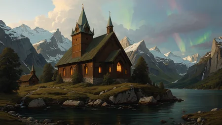 A Norwegian stave church nestled in a fjord, its spires reaching towards the northern lights in the night sky, great lighting, Chiaroscuro,, digital painting, highly detailed, artstation, sharp focus, illustration, concept art, ruan jia, oil painting, 4k, art by Andrew Andreev and thomas kinkade and alejandro hodorovski and greg rutkowski <lora:great_lighting:0.8> <lora:EnvyFeverDreamXL01a:0.7> <lora:The_Classic:0.8>