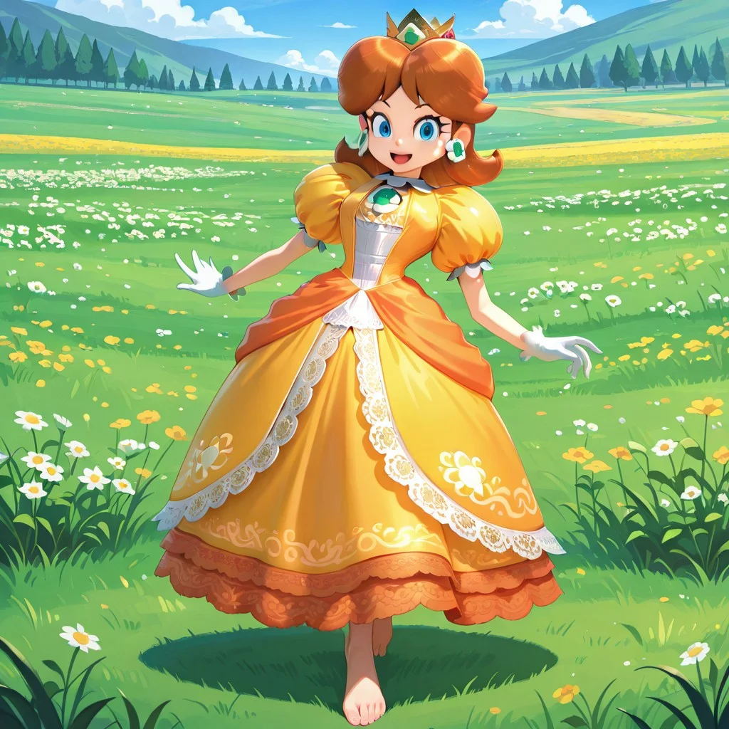 <lora:SSBU_Princess_Daisy-15:1>
2d, anime screencap, ssbu_princess_daisy, 1girl, brown hair, blue eyes, jewelry, gloves, earrings, crown, tiara, puffy shoulders, orange dress,
amazing quality,very aesthetic,absurdres,newest,
outdoors, meadow, looking at viewer, smile, :D, full body, feet, barefoot,