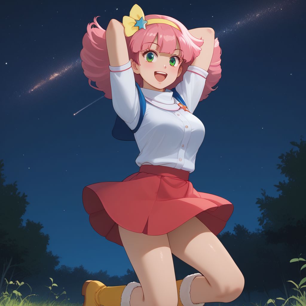 score_9, score_8, score_7, BREAK, momo, pink hair, hairband, green eyes, skirt, boots, hands behind head, open smile, outdoors, night sky, stars
