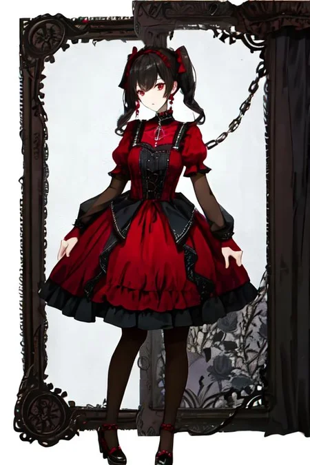 crimson_color dress, embroidery, jewelery, gown, frills, gloves/elbow gloves, high heels/shoes, pantyhose/thighhighs