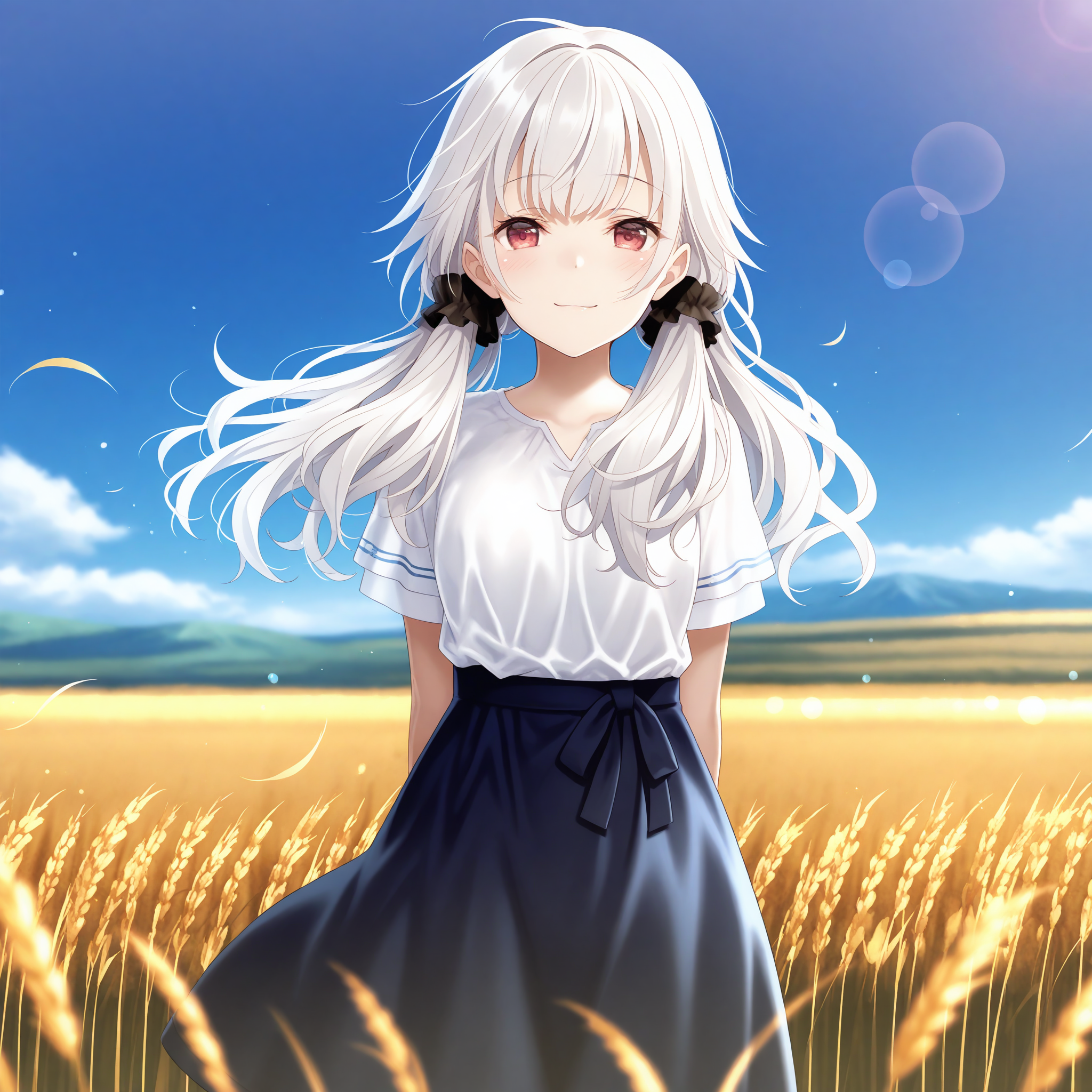 <lora:Yonagi_1_nai-000046:1>,Yonagi,hair scrunchie,black scrunchie,low twintails,
short sleeves,blue skirt,white shirt,high-waist skirt,
1girl,solo,outside,wheat field,depth of field,smile,front view,looking at viewer,lens_flare,arms behind back,day,blue sky,wind,