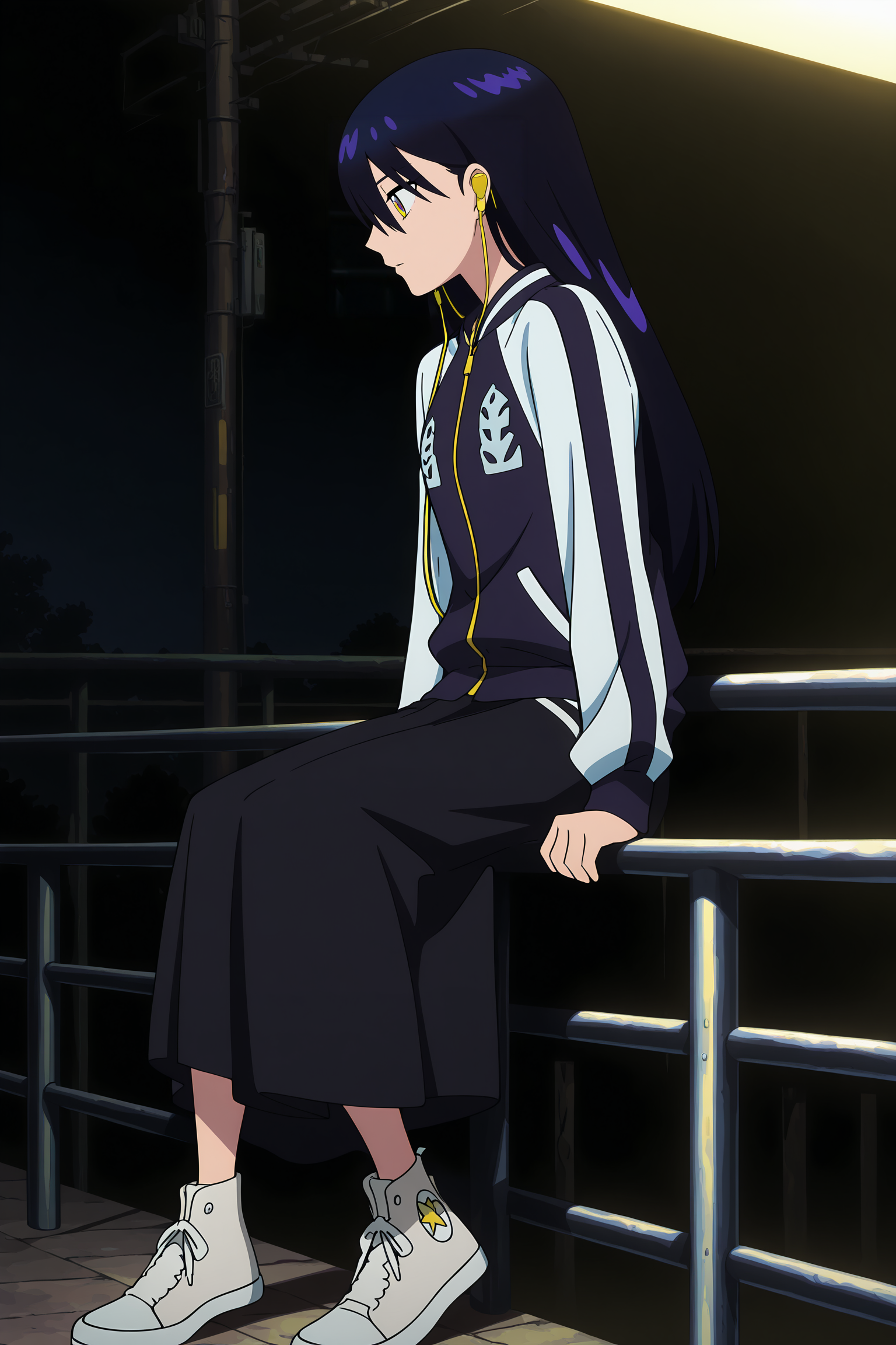 volumetric lighting, official style, amazing quality, ultra detailed, highres, detailed background, anime screenshot, anime screencap, anime coloring, masterpiece, detailed face,1girl   <lora:Nyann___:0.9>Nyann, solo, long hair, jacket, earphones, long skirt, skirt, sitting, shoes, multicolored eyes, sneakers, blue hair, railing, profile, black skirt, earbuds, dark purple hair, long sleeves, earrings