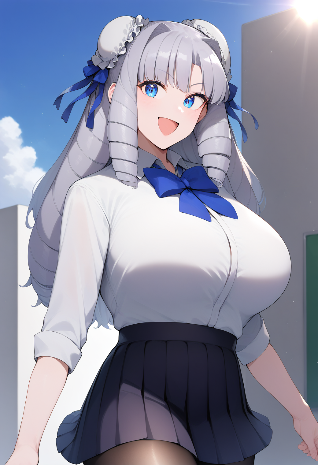 1girl, solo, cowboy shot, smile, open mouth, (outdoors:1.2), sky, sunlight, large breasts, 
fuzidou_oriko, blue eyes, grey hair, long hair, drill hair, double bun, bun cover, hair ribbon, school uniform, white shirt, collared shirt, pleated skirt, black skirt, pantyhose, <lora:fuzidou_oriko_pony_ver1:0.9>, score_9, score_8_up, score_7_up, BREAK source_anime, best quality, masterpiece, uncensored, Captivating Eye Reflections,,