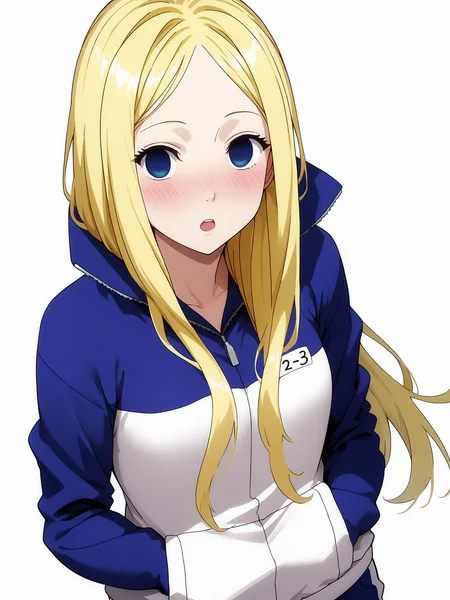 pixiv masterpiece, source_anime, score_9, score_8_up, score_7_up, score_6_up, absurd res, BREAK
<lora:Nino_arakawa_under_the_bridge_illu_v24-000017:1>, nino_arakawa_il, 1girl, solo, tracksuit, number_tag, looking at viewer, ,small breasts, blushing, surprised, white background, simple background, hands_in_pockets, upper body