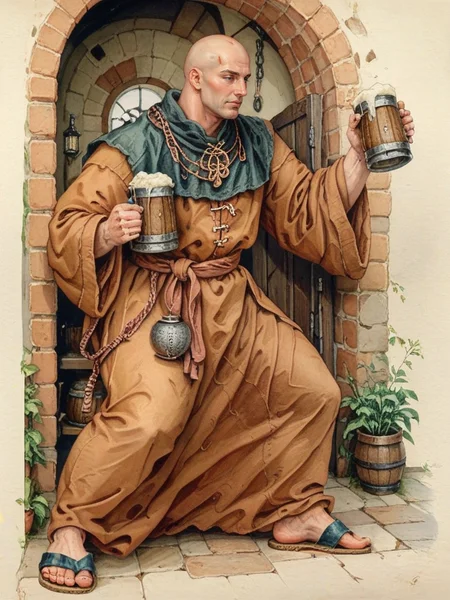 score_9, score_8_up, score_7_up, oblivionarts, 1boy, solo, fat, rotund, bald, old, holding beer jug, beer stein, very round face, jovial, sandals, posed, monk, simple background, traditional art, medieval, <lora:Oblivion:1>