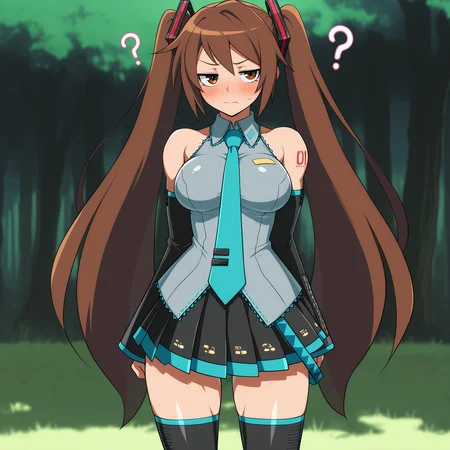 masterpiece, best quality, amazing quality, anime screencap, 1girl, solo, standing, cowboy shot, jitome, embarrassed, ?, <lora:strikerDNF:0.9>, strikerDNF, toned female, brown hair, twintails, large breasts, hatsune miku \(cosplay\),