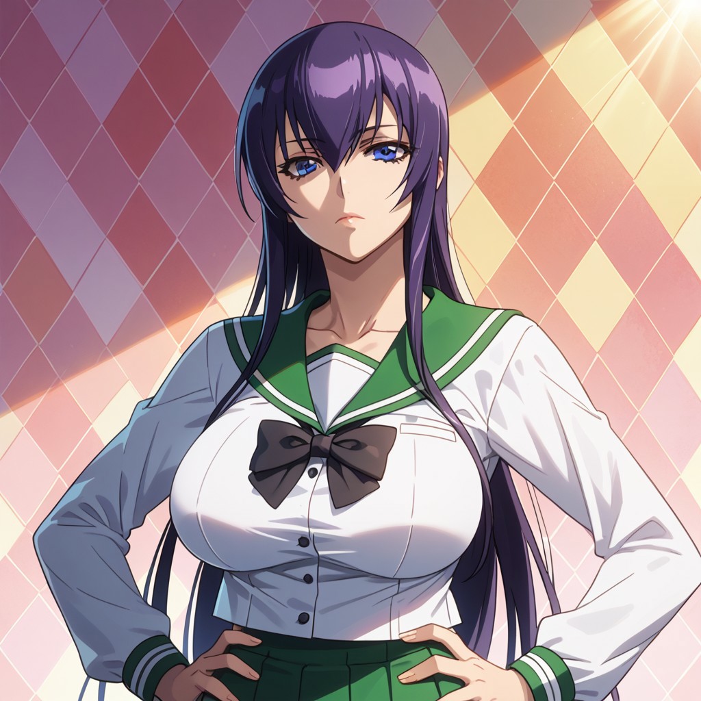 score_9, score_8_up, score_7_up, 1girl, looking at viewer, sunlight, abstract background, argyle background, rainbow, heart, upper body, close-up, portrait, 
<lora:Saeko_Busujima_Dwnsty_r1:0.8>, saeko_busujima, purple hair,  blue eyes, long hair, hair between eyes, school uniform, serafuku, green skirt, long skirt, pleated skirt, black bowtie,
lips, expressionless, large breasts, skindentation,  mature female, hands on own hips,