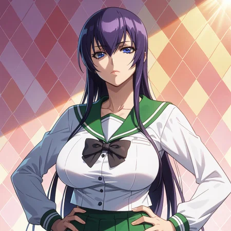 score_9, score_8_up, score_7_up, 1girl, looking at viewer, sunlight, abstract background, argyle background, rainbow, heart, upper body, close-up, portrait,
<lora:Saeko_Busujima_Dwnsty_r1:0.8>, saeko_busujima, purple hair, blue eyes, long hair, hair between eyes, school uniform, serafuku, green skirt, long skirt, pleated skirt, black bowtie,
lips, expressionless, large breasts, skindentation, mature female, hands on own hips,