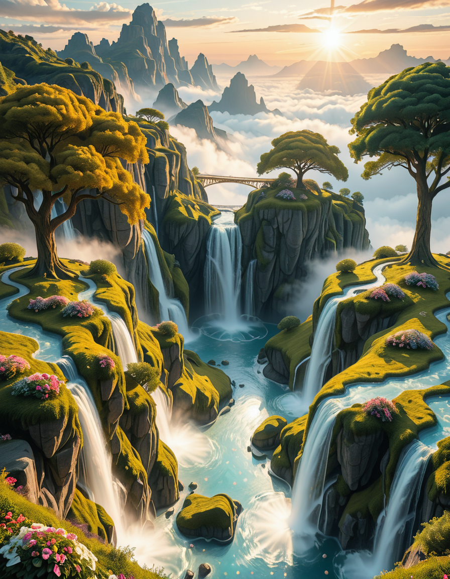 A mesmerizing celestial background featuring an otherworldly paradise. Towering crystalline mountains with peaks that glow softly under a sky painted in shifting hues of iridescent blues, pinks, and golds. Rivers of liquid light flow through vast, open meadows filled with luminescent flowers that pulse with a gentle glow. Gigantic, translucent trees with silver leaves sway in a breeze that carries floating particles of golden dust. Suspended bridges made of shimmering energy connect ancient, floating monoliths engraved with intricate celestial patterns. In the distance, an enormous radiant waterfall cascades into a bottomless, mist-covered abyss, reflecting the surrounding ethereal glow. A tranquil atmosphere, untouched and divine, filled with an overwhelming sense of wonder and serenity.
<lora:SDXLFaeTastic2400:0.4> <lora:extremely_detailed:0.4> extremely detailed,heavenly l4ndsc4p3, <lora:heavenly_l4ndsc4p3-i:1>, Masterpiece,best quality,hi res,8k,hi res,8k,award winning,(sharp focus, intricate, highly detailed),