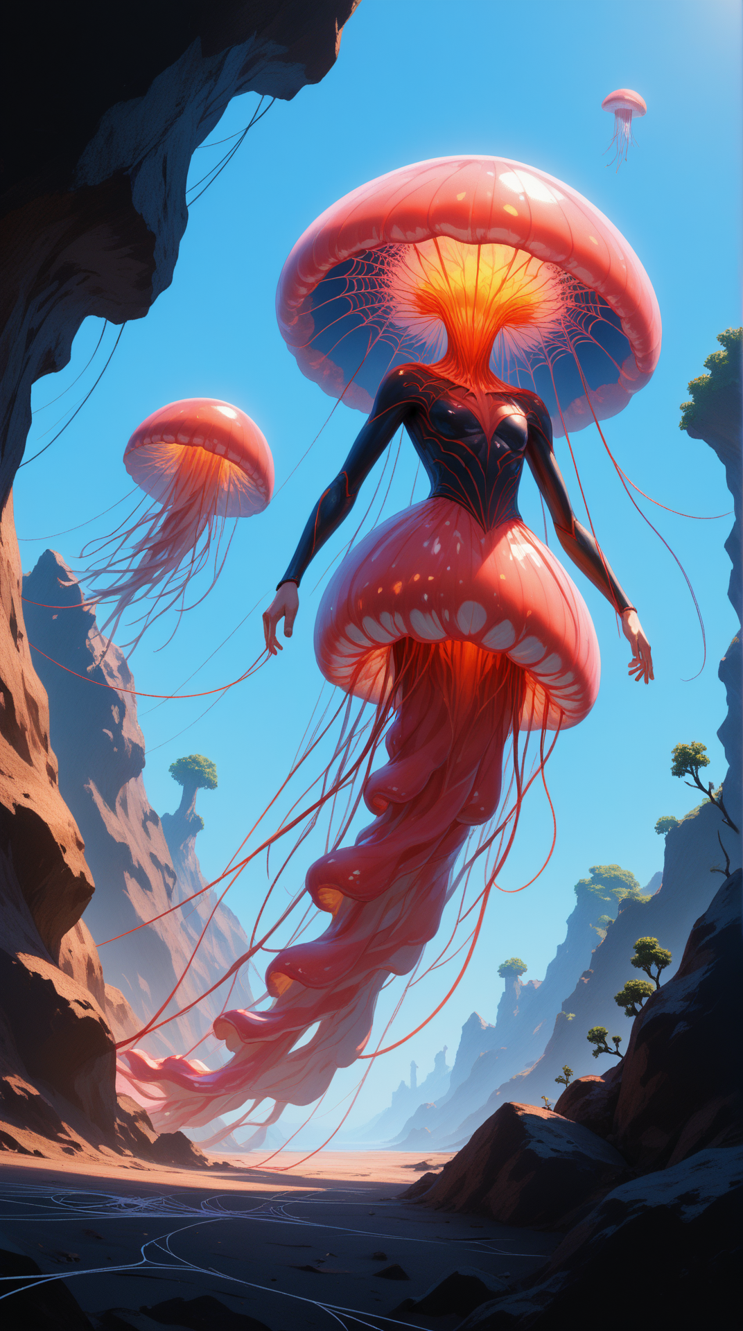 score_9, score_8_up, score_7_up, score_6_up, <lora:JellyfishHybridPDXL:1>Deep_red jellyfishhybrid, a hybrid between a jellyfish and a human, Flame Weaver, Goku, dynamic angle, One Arm Akimbo, no legs, no face, in location caught within a giant spider web glistening with dew, best quality, masterpiece quality