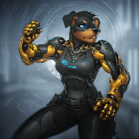 <lora:Strype_Style_PonyXL:0.8>, by strype, strype, score_9, score_8_up, score_7_up, score_6_up, score_5_up, score_4_up, source_furry, rating_safe, anthro, rottweiler, black hair, blue eyes, golden body, cybernetics, cybernetic limb, android, female, breasts, clothed, clothing, detailed background, in a museum, science fiction,