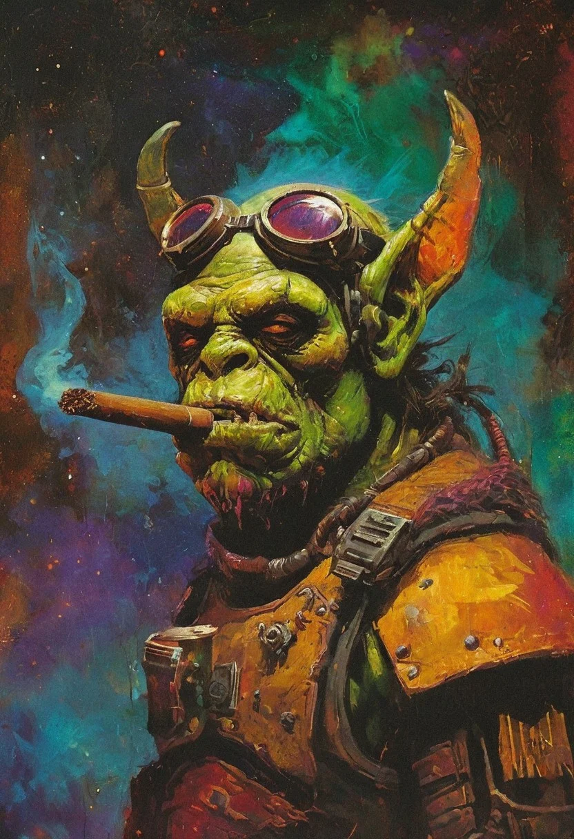 Futuristic orc mercenary with rugged goggles, a lit cigar, and battle-worn armor, psychedelic space background, multi colored, oil painting, visible brush strokes
, in the style of dark magic and grotesque creatures abound, punk aesthetic, dark fantasy world combines grim landscapes with vibrant, exaggerated colorful art, mysticism, unique immersive vibe, high-quality, 4k, , the scene is captured in dimly lit dark fantasy but vibrant colors, occult, psychedelic dreamcore, dark fantasy
, the scene is captured in dimly lit dark fantasy but vibrant colors, with bold ink lines defining form against the watercolor wash of the aged paper