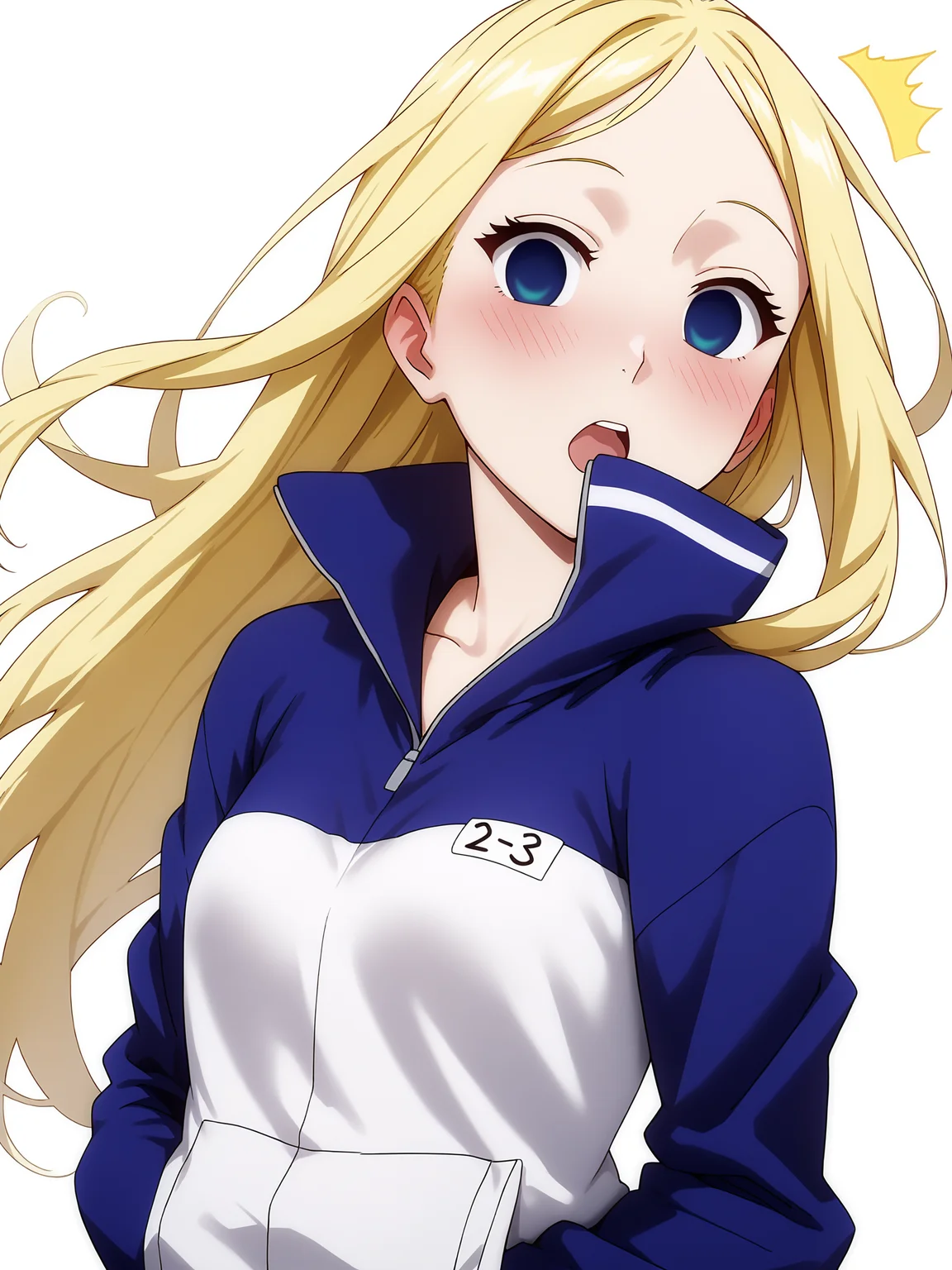 pixiv masterpiece, source_anime, score_9, score_8_up,  score_7_up, score_6_up, absurd res, BREAK
 <lora:Nino_arakawa_under_the_bridge_illu_v24-000017:1>, nino_arakawa_il, 1girl, solo, tracksuit, number_tag,  looking at  viewer, ,small breasts, blushing, surprised,  white background, simple background, hands_in_pockets, upper body