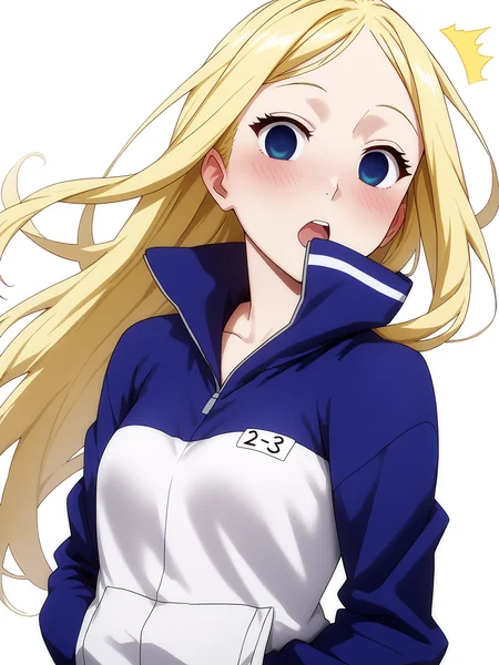 pixiv masterpiece, source_anime, score_9, score_8_up, score_7_up, score_6_up, absurd res, BREAK
<lora:Nino_arakawa_under_the_bridge_illu_v24-000017:1>, nino_arakawa_il, 1girl, solo, tracksuit, number_tag, looking at viewer, ,small breasts, blushing, surprised, white background, simple background, hands_in_pockets, upper body