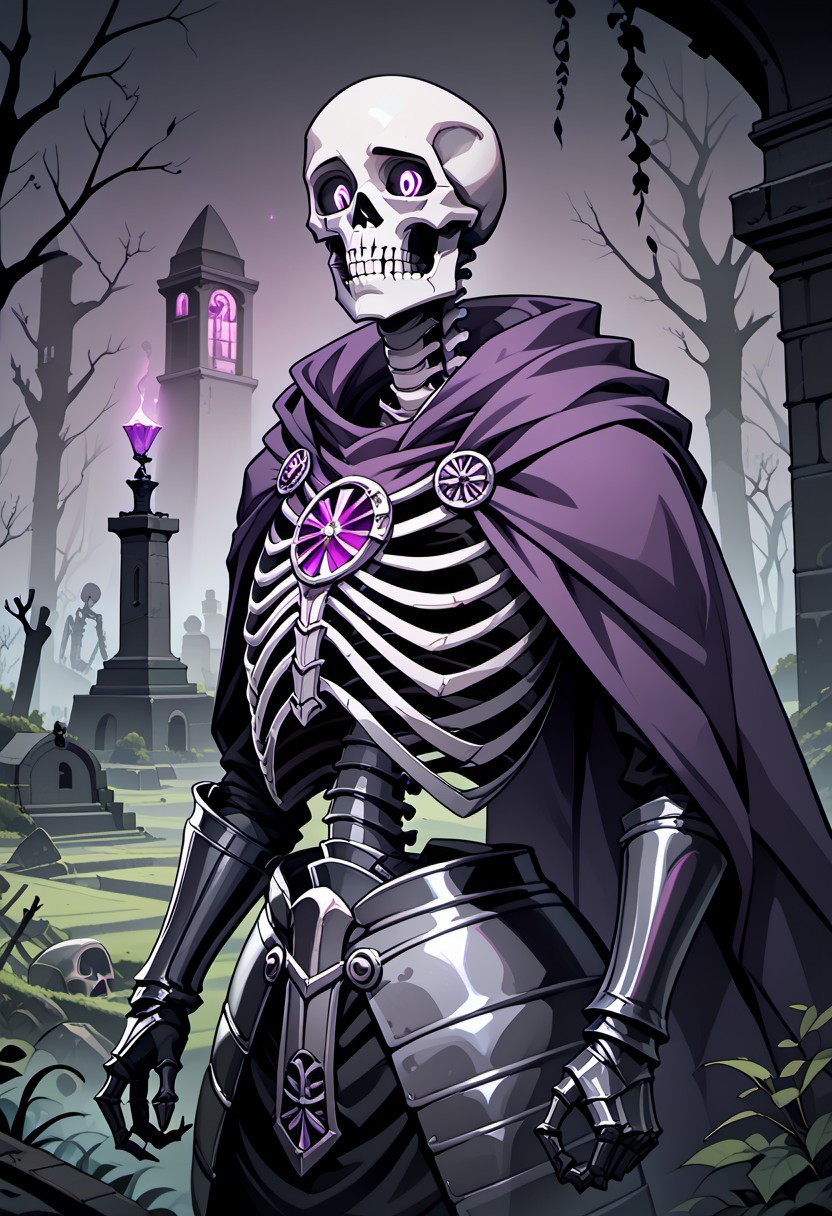 score_9, score_8_up, score_7_up, detailed, beautiful, high quality, 1male, skeletal knight, bleached white skeleton, glowing purple eyes, ornate black armor with sharp edges, clawed gauntlets, plated armored pants, (large flowing purple cape:1.3), gemstone embedded in chest, ancient cemetery, overgrown with twisted vines, broken gravestones, crumbling mausoleums, fog rolling across the ground, faint ghostly lights flickering in the mist, dead trees with claw-like branches, distant howls, eerie atmosphere