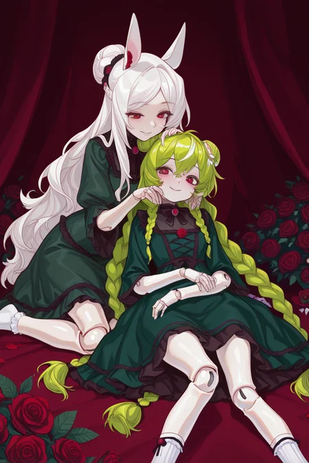 masterpiece, best quality, amazing quality,
<lora:SloBid_IL:1> slobid, doll joints, multiple girls, 2girls, joints, dress, green dress, animal ears, long hair, braid, red eyes, flower, white hair, green hair, socks, rose, hair bun, smile