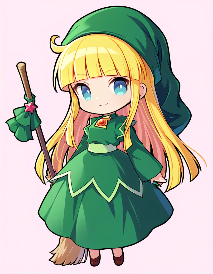 <lora:witchP4_SDXL_Illustrious01_fp16_ver01:1>,witchP4,1girl,solo,blonde hair, long hair, green dress,green headwear,long sleeves,long skirt,brooch,blunt bangs,light green sash, blue eyes, broom, looking at viewer, smile,chibi,simple background, puyopuyo fever,, masterpiece, best quality, very aesthetic, absurdres,<lora:detailed_hands:1>,hand