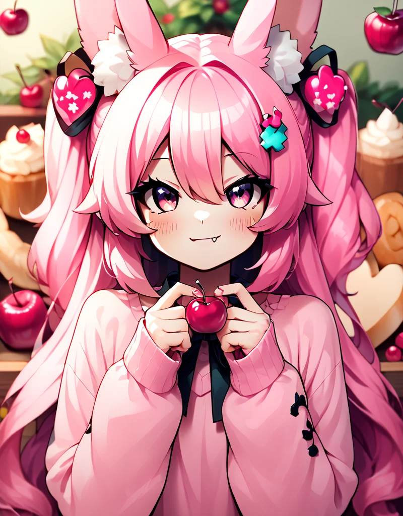 score_9, score_8_up, score_7_up, score_6_up, score_5_up, score_4_up,
CuteStyle, 1girl, animal ears, pink hair, cherry, solo, food, fruit, hair ornament, animal ear fluff, pink eyes, blurry, long hair, fang, looking at viewer, rabbit ears, blush, depth of field, bangs, long sleeves, hairclip, hair between eyes, heart, skin fang, smile, star (symbol), :3, ribbon, closed mouth
,<lora:Cute_Style_pony:0.8>