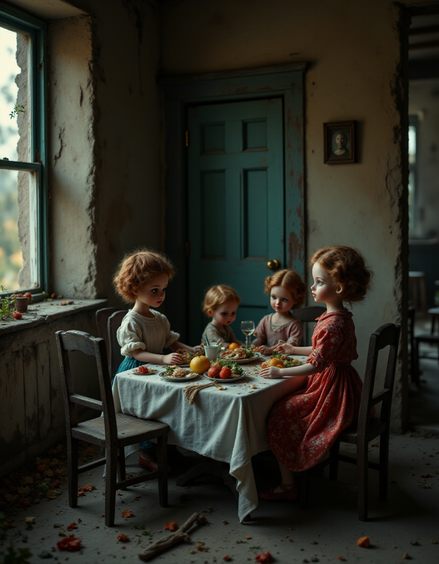 aidmafluxpro1.1,A group of vintage dolls gathered around a small table,sharing a meal in a dilapidated,grimy abandoned house,evoking an eerie blend of decay and nostalgia,<lora:aidmaFLuxPro1.1_v0.3:0.7>,