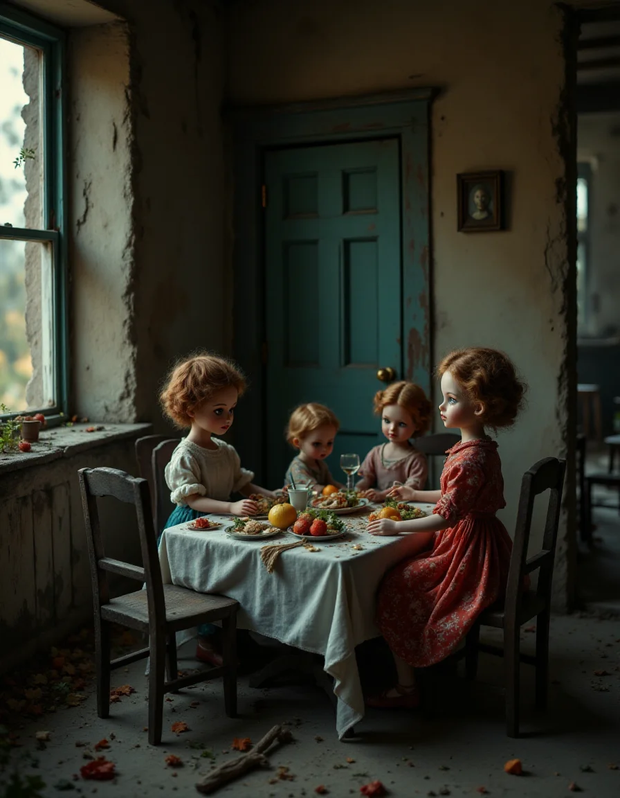 aidmafluxpro1.1,A group of vintage dolls gathered around a small table,sharing a meal in a dilapidated,grimy abandoned house,evoking an eerie blend of decay and nostalgia,<lora:aidmaFLuxPro1.1_v0.3:0.7>,