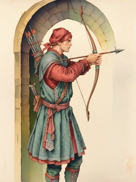 score_9, score_8_up, score_7_up, oblivionarts, weapon, bow weapon, arrows, archery, 1boy, solo, male focus, profile, archer, simple background, traditional art, medieval, <lora:Oblivion:1>