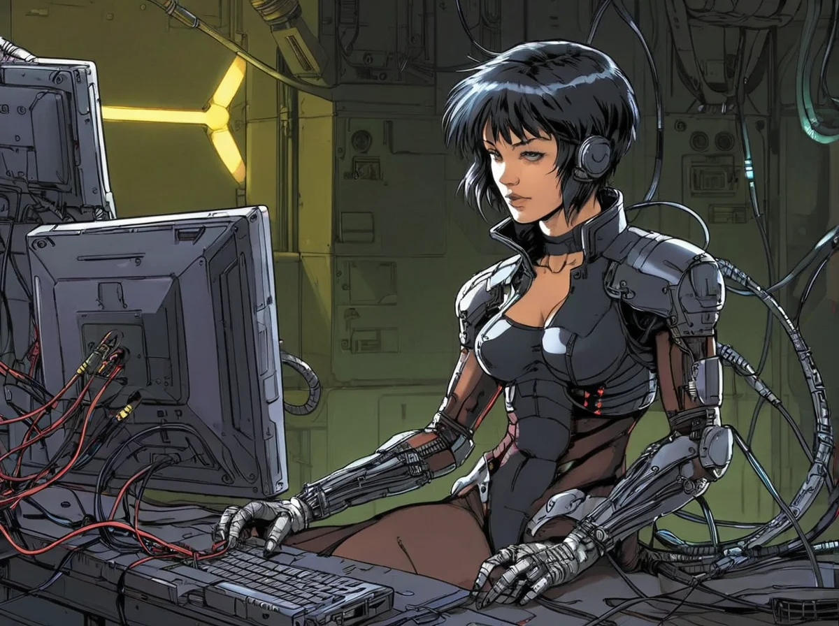 masterpiece, best quality,
<lora:gits_style:0.6>,
gits95,
1girl, solo, cable, short hair, sitting,solo,cyberpunk,wire