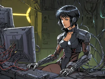 masterpiece, best quality,
 <lora:gits_style:0.6>,
gits95,
 1girl, solo, cable, short hair, sitting,solo,cyberpunk,wire