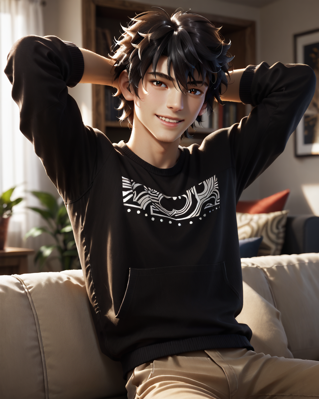 score_9, score_8_up, score_7_up, intricate details, rating_questionable,
<lora:homri52:1>
,
<lora:minato:0.8>, 1boy(boy, male, minato, black messy hair, red-brown eyes, looking at the viewer, solo, happy, 
cowboy shot, sitting on a sofa, leaned back, arms raised, hands behind head, typical clothing), comfy living room, at night, dark room, low light,
4k,
detailed background, depth of field, 
<lora:ral-chrosc-clr:0.5>, ral-chrosc-clr,
<lora:Expressive_H:0.5>, Expressiveh,
<lora:xl_more_art-full_v1:0.3>,
<lora:add-detail-xl:0.3>,