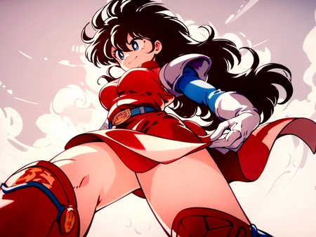 score_9, score_8_up, score_7_up, score_6_up, score_5_up, score_4_up, source_anime, <lora:pony_xl_momo:1> momo, blue bodysuit, belt, miniskirt, red skirt, shoulder armor, white gloves, knee boots, bare legs, from below, smile, traditional media, solo <lora:Ippongi_Ban_Artist_Style_PonyXL:1>