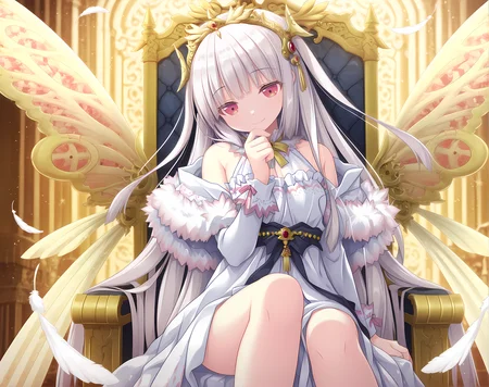 size difference,solo,<lora:Lilica>,lilica,small breasts,fairy wings,white hair,long hair,bangs,red eyes,two side up,tiara,(dark shadows:0.7),(high contrast:0.7),volumetric lighting,intricate details,depth of field,perfect body,pretty,medium breasts,princess,braided bun hair,White halter dress,white top,open shoulder,white sleeves,long white dress,white clothes,flowing dress,high slit,transparent clothing,Sitting,slight smile,legs apart,hand on chin,see through clothes,Nudity,explicit,Upper body,Throne room,gold and blue throne,shimmering feathers in the air,falling feathers in the air,filled with feathers,dynamic lighting,detailed background,, masterpiece,best quality,amazing quality, very aesthetic, absurdres,detailed eyes,ultra-detailed,