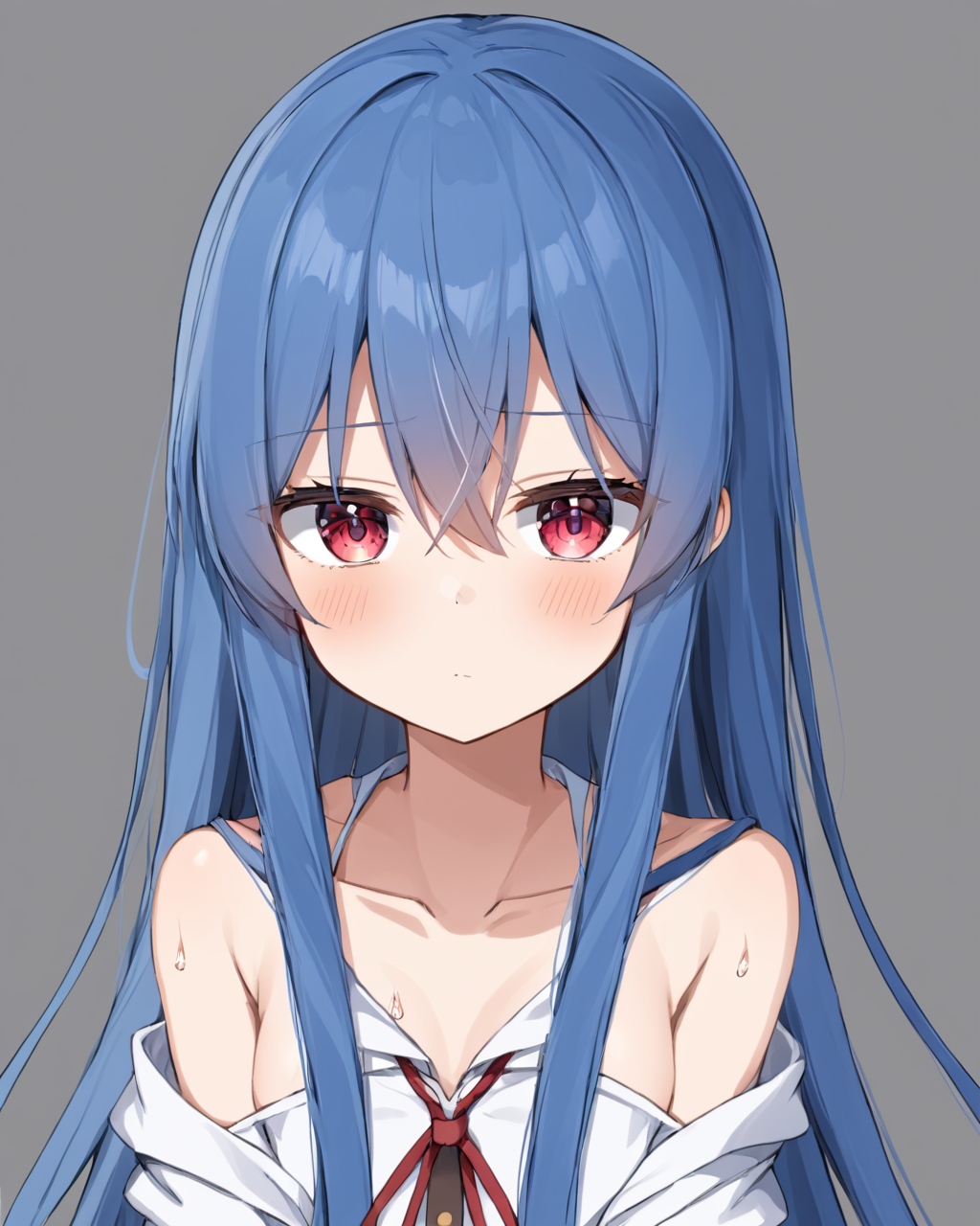 hinanawi tenshi,1girl, solo, simple_background, looking_at_viewer, grey_background, red_ribbon, neck_ribbon, closed_mouth, collarbone, bare_shoulders, blush, no_headwear, off_shoulder, sweatdrop, white_shirt
<lora:hinanawi_tenshi_image10043_2023-12-20:1>,star-shaped_pupils,symbol-shaped_pupils,. gorgeous,key visual, vibrant, studio anime,award-winning, professional, highly detailed,high budget, cinemascope