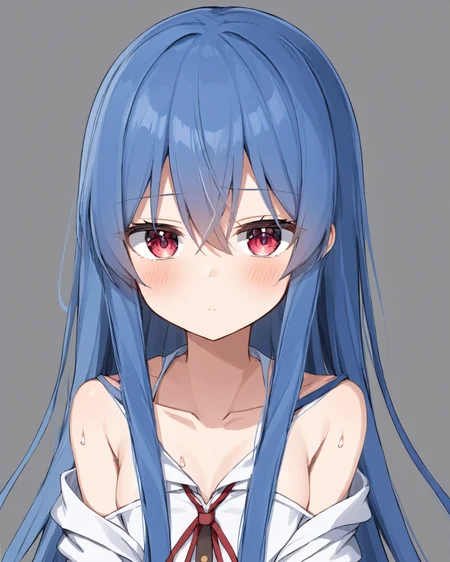 hinanawi tenshi,1girl, solo, simple_background, looking_at_viewer, grey_background, red_ribbon, neck_ribbon, closed_mouth, collarbone, bare_shoulders, blush, no_headwear, off_shoulder, sweatdrop, white_shirt
<lora:hinanawi_tenshi_image10043_2023-12-20:1>,star-shaped_pupils,symbol-shaped_pupils,. gorgeous,key visual, vibrant, studio anime,award-winning, professional, highly detailed,high budget, cinemascope