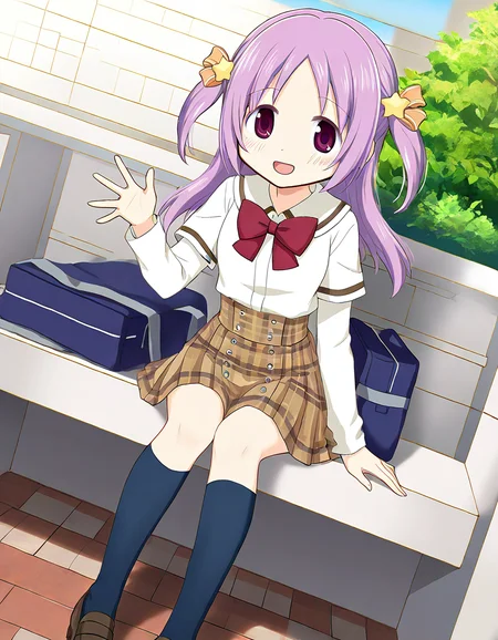 masterpiece, best quality, newest, absurdres, highres, safe, 1girl, misono karin \(school uniform\), magia record: mahou shoujo madoka magica gaiden, white sleeves, kneehighs, solo, smile, open mouth, looking at viewer, outdoors, dutch angle, <lora:misono_karin_noobaiXLNAIXL_vPred10Version:0.7>