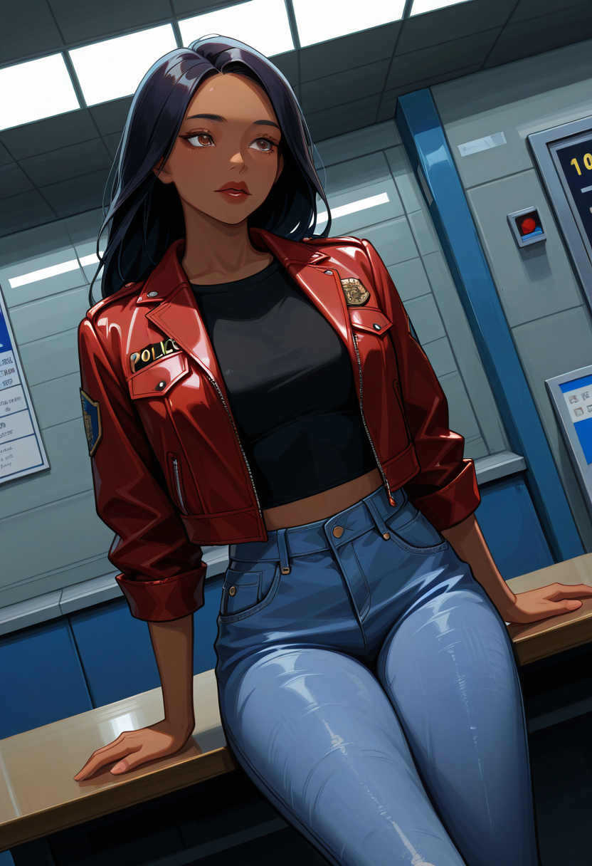 masterpiece, high quality, 3l1s4g4rg, 1girl, solo, human, black hair, long hair, brown eyes, dark-skinned female, red jacket, black cropped shirt, jeans, cowboy shot, dutch angle, police station, table, sitting on table,